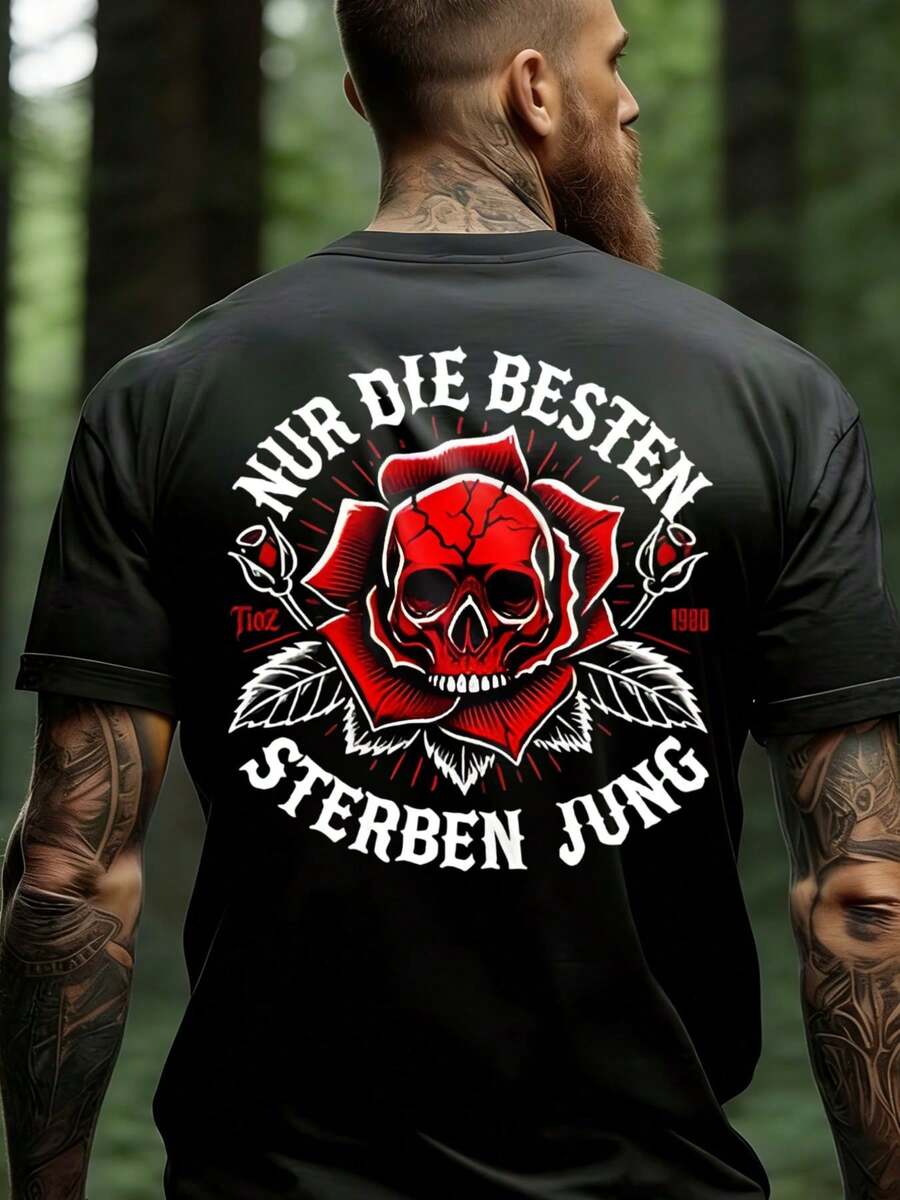 Men's Shirt With Skull Motif And German Text For Outdoor Activities, SIZE, Loose And Comfortable - 後退 - 查看 1