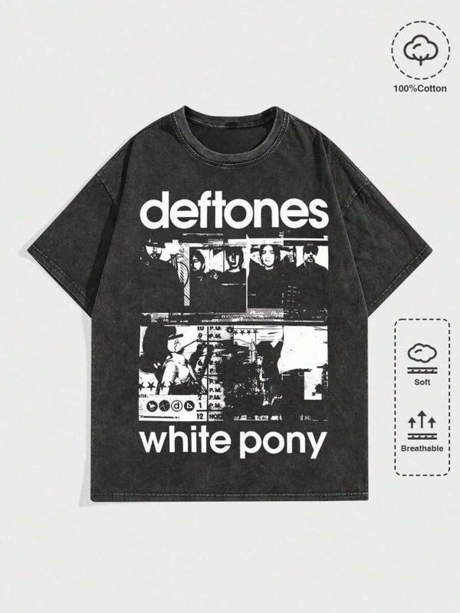 Camiseta de Hombre Urban Sense MEN Street Life con Estampado Gráfico de la Banda "D Eftones" y "White Pony", Estilo Vintage Lavado, Manga Corta, Cuello Redondo, DG004, Regalo para el Día del Padre, Regalo para el Día de San Valentín, Camiseta de la Copa Mundial 2026 KJVK - Blanco - Ver 1