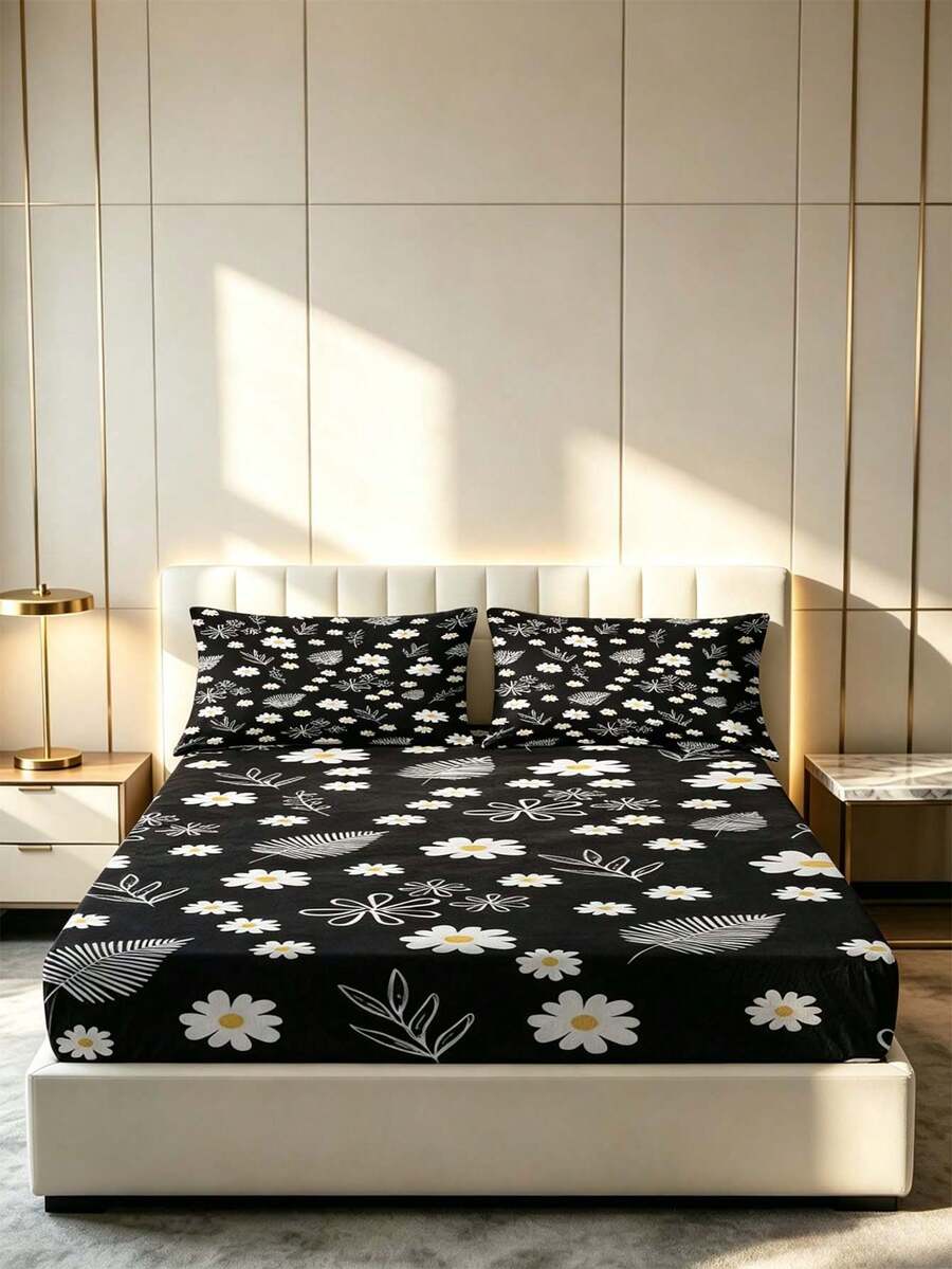3pcs Daisy & Feather Pattern Fitted Sheet Set (Including Pillowcase), Soft & Breathable, Suitable For Spring Room Decor, Home, Hotel, Bedroom - Multicolor - View 1