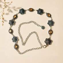 1pc Adjustable Silver Tone Amber Crystal & Flower Pants Chain, Retro Filigree Floral - Silver Amber - View 4