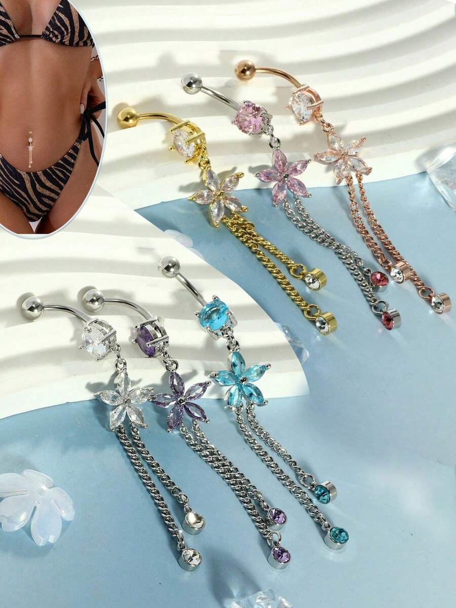 1 pieza Anillo de ombligo para mujer de 14K, colgante de corazón y flor de acero inoxidable, cadena larga de circonita cúbica para piercing de ombligo, diseño hipoalergénico - Piercing en el ombligo - Ver 1