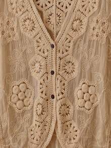 波希米亞風V領刺繡罩衫 - 夏季海灘度假寬鬆和服風罩衫，附花卉蕾絲細節 - 卡其色 - 查看 9