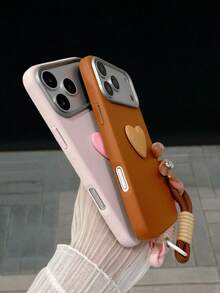 1 Set Funda de Teléfono Color Marrón Sólido con Colgante de Corazón & Cordón Estilo Minimalista de Moda Compatible con Múltiples Modelos de Smartphone Anti-Caída Anti-Deslizante Anti-Rayones Cubierta Protectora Duradera Estilo Coquette Accesorio de Teléfono Regalo - Marrón - Ver 4
