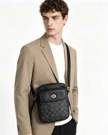 Coach Turnlock 15 Mini Crossbody Bag for Men Charcoal Signature Canvas with Leather Trim Small Phone Messenger Bag with Turnlock Closure - 黑色 - 查看 2