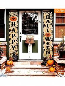 2pcs Halloween Pumpkin Skull Banner, 2D Flat Banner, Halloween Home Entrance Decoration Banner With Cute Pumpkin, Witch, Ghost And Skull Design, Suitable For Indoor And Outdoor Party Decoration, Halloween Party Decor - Multiple Styles - View 4