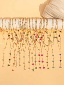 Stainless Steel Multi-Color Beaded Flower Decorative Necklace, Gold-Plated Y-Shaped Chain Necklace, Elegant Minimalist Style, Suitable For Women's Daily Wear, Can Be Used As Valentine's Day, Mom, Mother's Day Gift - Multicolor - View 3