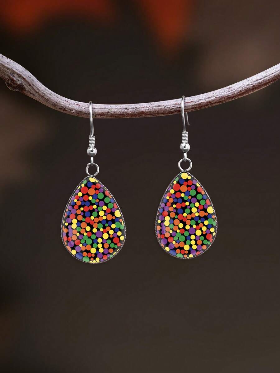 1 Pair Dopamine Rainbow Polka Dot Pattern 316 Stainless Steel Water Drop Earrings, Vintage Minimalist Style Suitable For Women's Daily Wear And Gifts, Elegant Minimalist Jewelry Earrings Suitable For Women's Daily And Holiday Wear - Multicolor - View 1