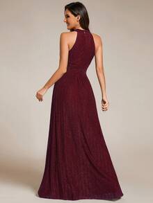 EVERPRETTY Charming Women's Halter Neck Backless Sleeveless Pleated Ruched Twist Design High Elastic Formal Evening Gown Wedding Party - Burgundy - View 3