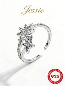 1 pièce Bague ouverte ajustable élégante et minimaliste en argent 925 avec design d'étoile en cubic zirconia cubique, convient pour les sorties, les mariages et le port quotidien pour mettre en valeur le charme - Argent - Voir 1