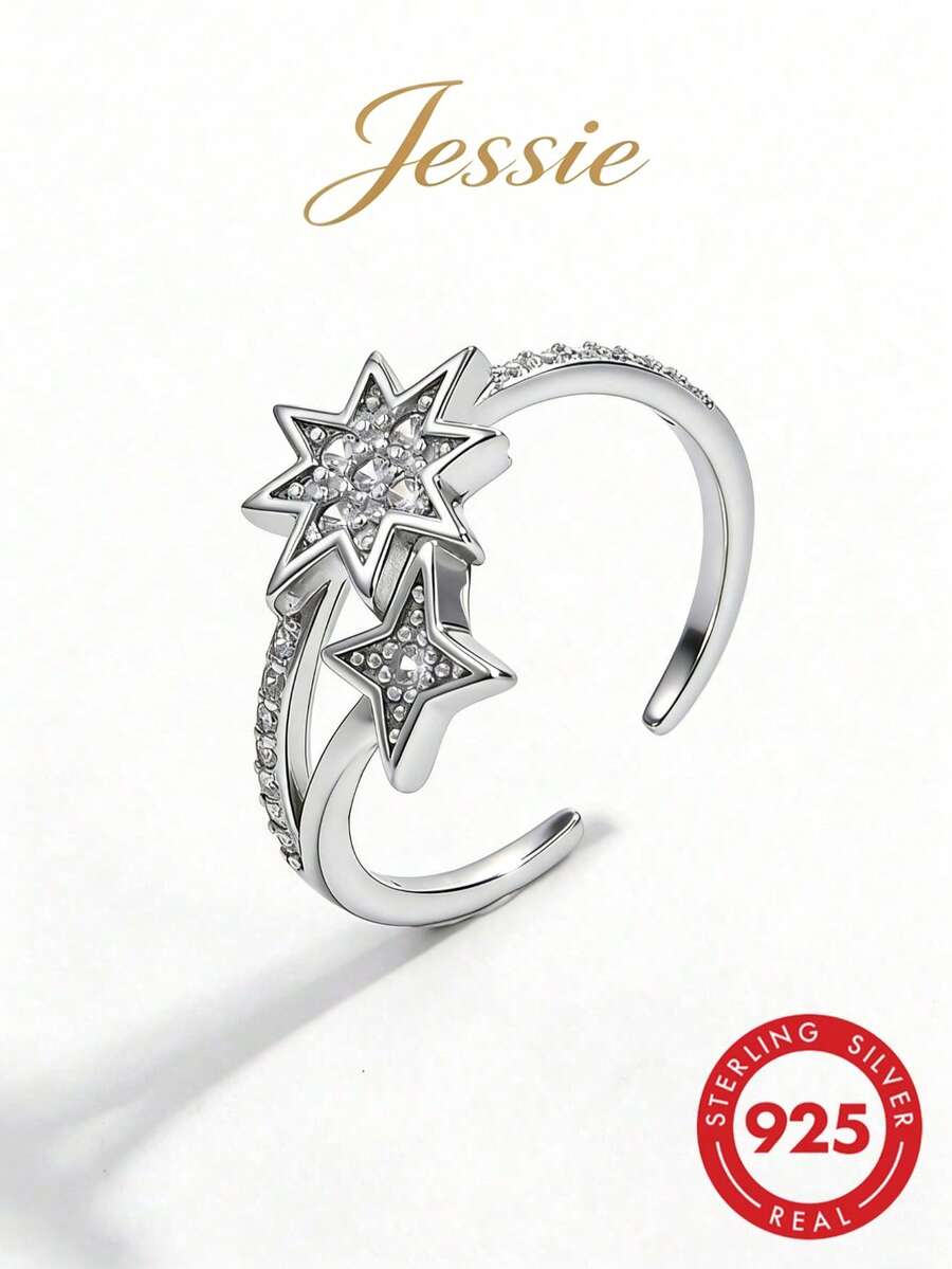 1 pièce Bague ouverte ajustable élégante et minimaliste en argent 925 avec design d'étoile en cubic zirconia cubique, convient pour les sorties, les mariages et le port quotidien pour mettre en valeur le charme - Argent - Voir 1
