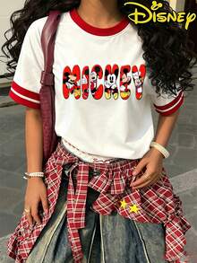 Disney Colorful Mickey Mouse "MICKEY MOUSE" Graffiti Print Ringer Tee, White & Red Casual Short Sleeve Top - White - View 3