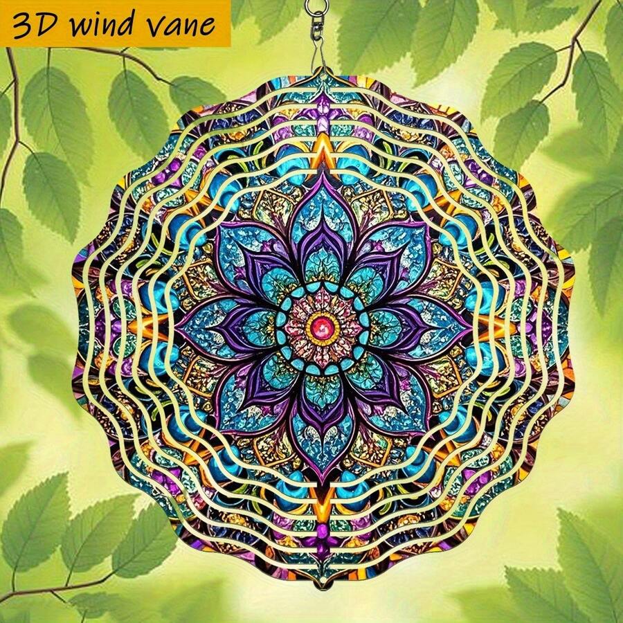 3D "Colorful Mandala Pattern" 10" X 10" Rotating Hook, 360° DIY Creative Double-Sided Round Indoor/Outdoor Hanging Decor (Pendant Not Included), Random Style