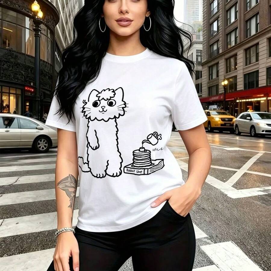 Camiseta de mujer con estampado de gato cartoon junto a tortitas y detalles urbanos - camiseta casual de manga corta con ajuste cómodo y estilo relajado, perfecta para paseos por la ciudad, tardes de domingo o salidas informales - regalo ideal para m - Blanco - Ver 1