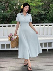 xheModelyn Vestido midi casual con cuello en V, abotonado, cintura con volantes y unicolor para mujerxhe - Celeste - Ver 6