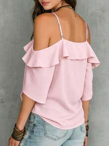 Blusa de hombros descubiertos ribete con fruncido - Verde militar - Ver 2