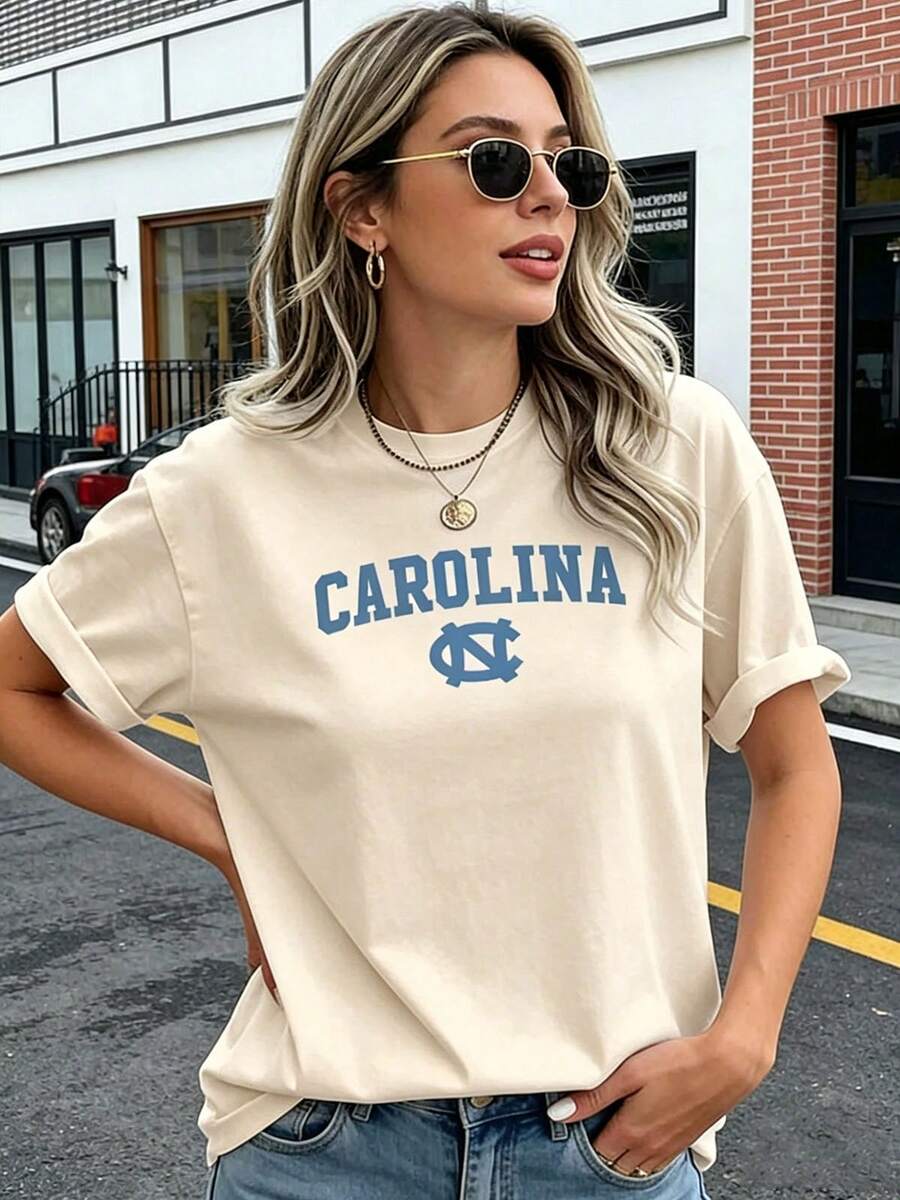 Carolina Team Graphic Women's Pattern Print TShirt Comfy Pure Cotton College Style Tee For Casual Daily Wear, Perfect Birthday Gift For UNC Alumni - 淺杏色 - 查看 1