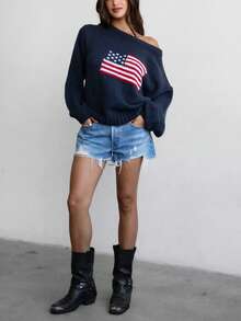 Women American Flag Off Shoulder Knit Sweater, Oversized Star Stripe Long Sleeve Loose Pullover, Patriotic Jumper For 4th Of July Daily Casual Wear - 藏蓝色 - 查看 3