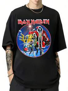 Unisex Cotton T-Shirt With Irons Maiden Eddie Christmas Graphic. - Black - View 1