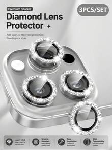 Alloy Glitter Rhinestone 3pcs Apple Camera Lens Tempered Glass Film, Metal Independent Lens Protector, Suitable For Phone Cases, Shiny Silver, Compatible With IPhone 17 Pro, 17 Pro Max, 17 Air, 16 Pro Max, 15, 14, 13, 12, 11, Mini, Plus, Pro Max Mother's Day Gift - Silver - View 2