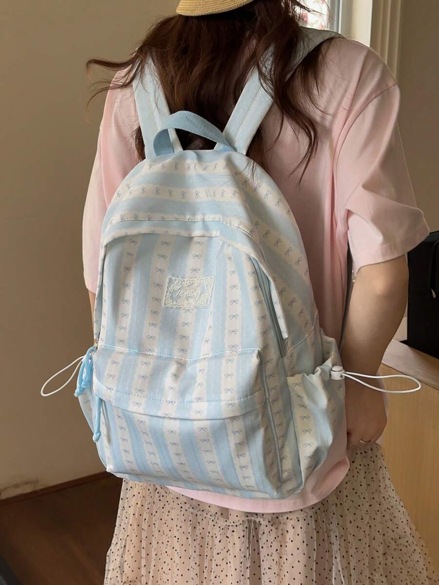Cute Bow Striped Contrast Color Side Pocket Drawstring Multi-Pocket Large Capacity Water-Resistant Backpack, Casual College Style Bookbag Fits Books & Study Materials, Ideal For School, Commute, Travel - Multicolor - View 1