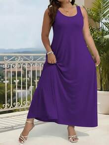 New Plus-Size Women's Solid Color Sleeveless Dress, Elegant Stylish Vest Dress - 紫色 - 查看 2