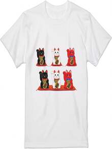 レディースプリントTシャツ、サイズL、ファッショナブル、ラウンドネック、ホワイト、Tシャツ012998、幸運の猫、商売繁盛の象徴。 - ホワイト - チェックする 1