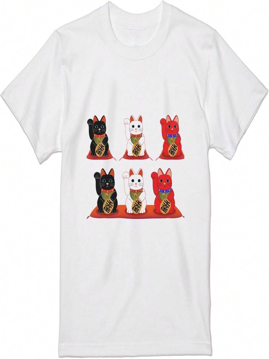 レディースプリントTシャツ、サイズL、ファッショナブル、ラウンドネック、ホワイト、Tシャツ012998、幸運の猫、商売繁盛の象徴。 - ホワイト - チェックする 1
