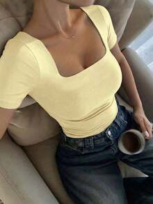 Blusa de manga corta y cuello redondo casual y elegante, adecuada para uso diario, ir al trabajo y salir, primavera/verano - Amarillo - Ver 6