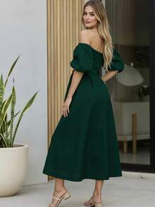 Women's Off-The-Shoulder Long Dress With Adjustable Belt And Puff Sleeves - 深綠色 II - 查看 4