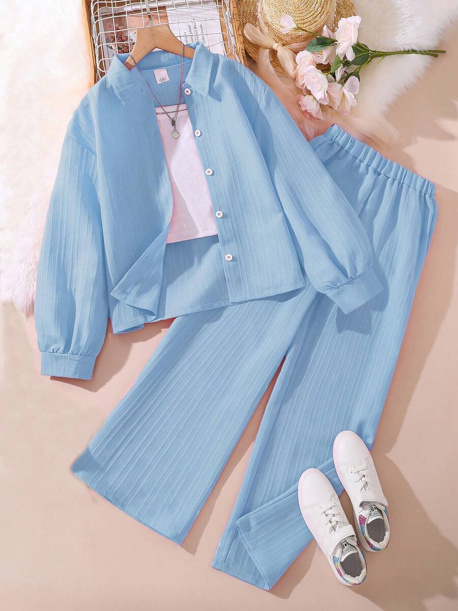 Left Mama Set de 2 piezas con camisa de manga larga con cuello y pantalones largos, nuevo otoño para niña preadolescente - Neblina azul - Ver 1
