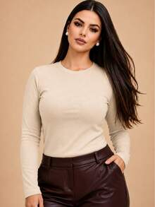 Long-Sleeved, Fleece-Lined, Ribbed Knit, Thermal, Flannel-Lined, Warm, Comfortable, Soft, Office, Festival, Fashion, Autumn And Winter 2026, Valentine's Day. - 米色 - 查看 2