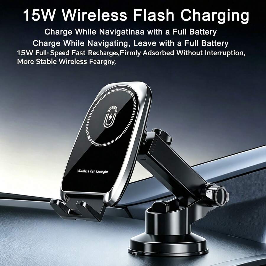 Soporte de Cargador Inalámbrico para Coche de Carga Rápida de 15W, Puede Cargar Mientras Navega, Se Puede Instalar en la Ventana del Coche, el Salpicadero y la Rejilla de Ventilación, Compatible con iPhone y Otros Teléfonos Inteligentes