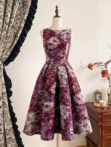 xheVintamour Vestido de mujer elegante y clásico vintage, vestido ajustado de jacquard para primavera/verano, vestido de escote barco, vestido floral rosa sobre base albaricoque, vestido rosa, vestido de vuelo de longitud mediaxhe - Burdeos - Ver 4