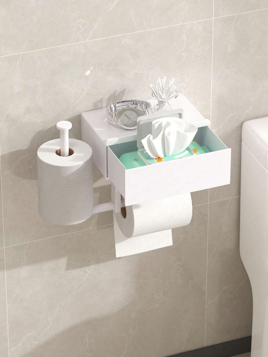 1pc Wall Mounted Bathroom Drawer Style Tissue Holder, No Drilling Installation, Space Saving Wall Mounted Toilet Paper Holder, Wet Tissue Box Storage Rack, Suitable For Bathrooms, Toilets, Offices, Bathroom Organizing Racks, Bathroom Decoration - Multicolor - View 1