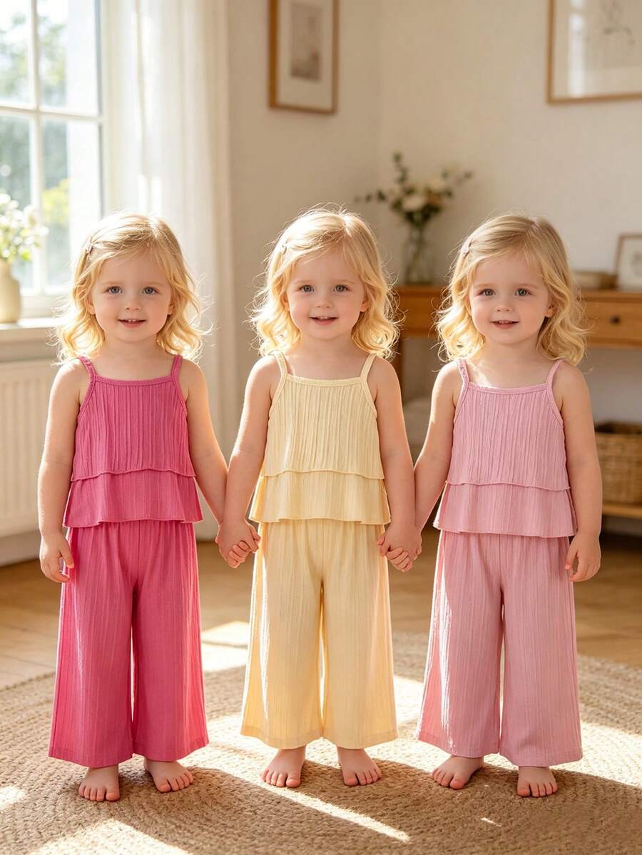 6pcs/Set Baby Casual Solid Color Fashion Versatile Camisole Paired With Loose Solid Color Pants Set, Spring/Summer - Multicolor - View 1