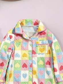2pcs/Set Girls' Textured Cardigan Loungewear Set, Spring/Autumn/Winter, Cute Dopamine Heart Pattern Print, Front Open Button-Up Top, Elastic Waist Long Pants, Soft Versatile Casual Home Wear For Young Girl, Sweet And Youthful - Green - View 3