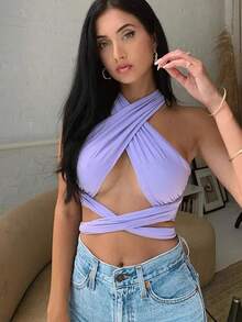 Top cruzado con tiras en la parte delantera para mujer, Top corto sin mangas con cuello Halter y espalda descubierta, chaleco Bandage, Tops sexys de verano, ropa para mujer - Marrón - Ver 3