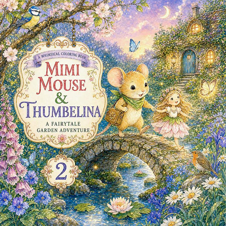 GDTME MIMI MOUS&THUMBELINA：1本成人與青少年著色本，可愛的米米鼠與拇指姑娘童話花園圖案。120gsm厚紙，24頁。透過著色緩解壓力。非常適合作為禮物、家居裝飾、家庭活動和派對贈品。
