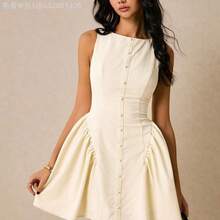 Yunuo Menswear  Vestido mini de mujer con cuello de barco, sin mangas, plisado, parche de un solo botonadura y unicolor - Amarillo - Ver 8