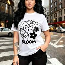 Camiseta de mujer con estampado floral estilizado y la palabra "BLOOM" - diseño casual de manga corta, ajuste slim cómodo y moderno, estilo urbano para calles y ciudades - ideal para el Día de la Madre, el Día de las Madres y regalo perfecto para mam - Blanco - Ver 10