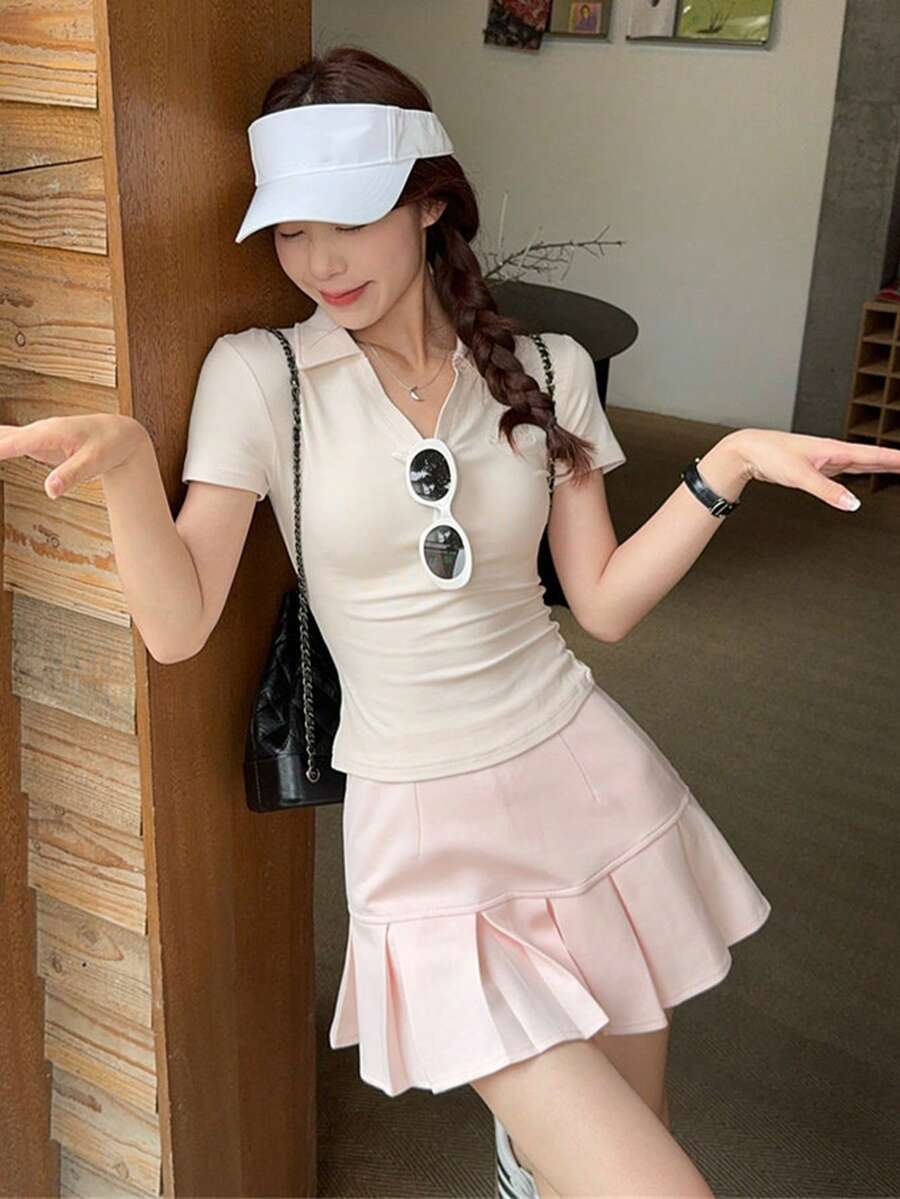 Y6Y 2026新款法式風格粉色POLO領女款夏季休閒上衣T恤 - 粉色 - 查看 1