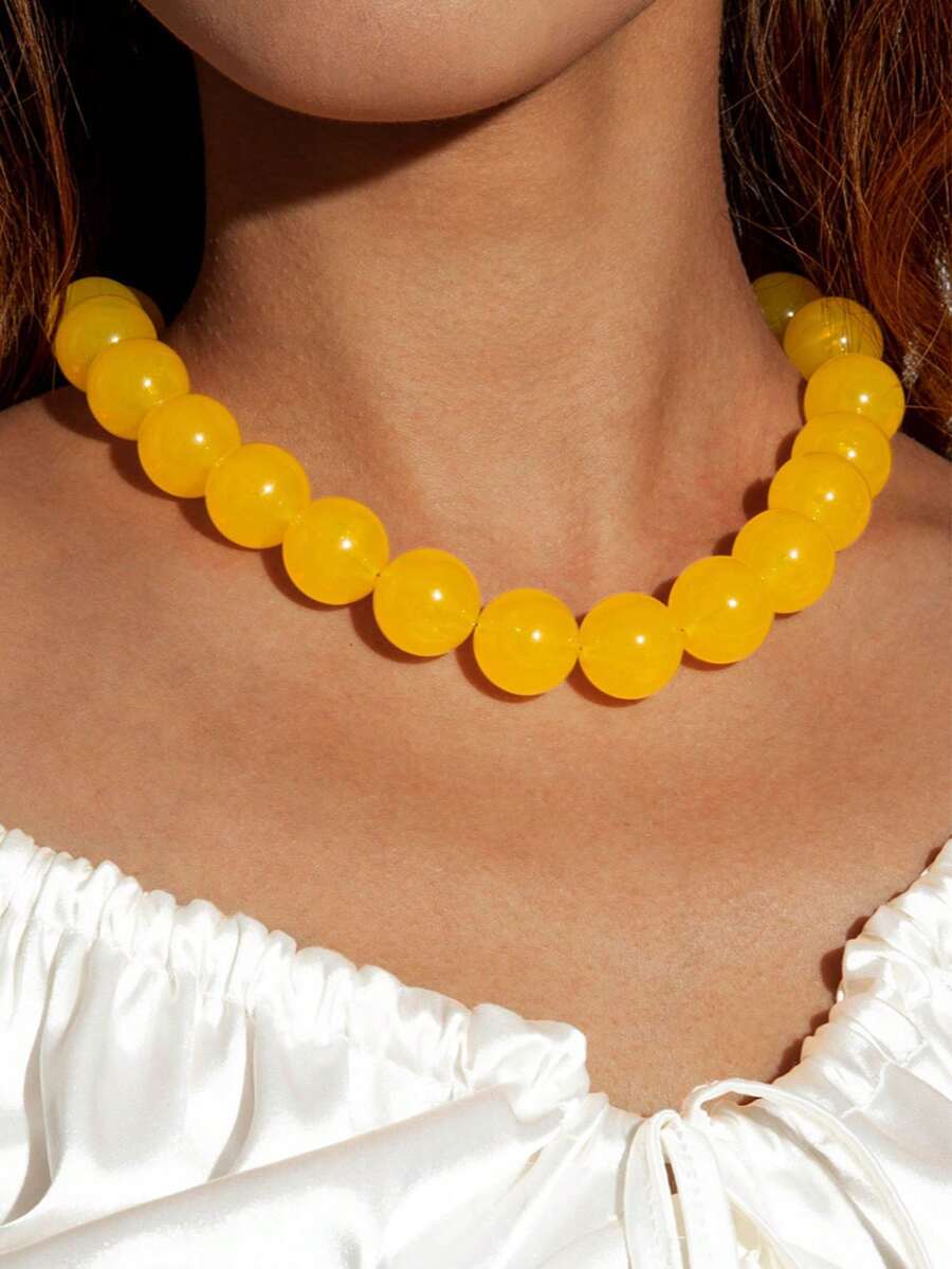 1 pieza Collar de cuentas de acrílico colorido para mujer, accesorio versátil de color de caramelo fresco y de moda para uso diario, fiesta, reunión (cantidad de cuentas al azar) - Amarillo - Ver 1