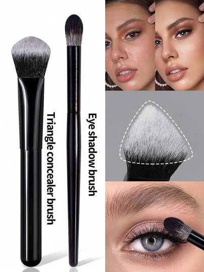 Bộ 2 cọ trang điểm, cọ che khuyết điểm tam giác & cọ đánh phấn mắt, cán nhựa đen, trang điểm mặt & mắt chính xác, dụng cụ trang điểm đa năng