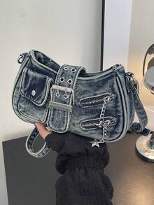 New Casual Chic Washed Jeans Shoulder Bag: Fashionable Y2K-Style Zipper-Detail Handbag Retro Street Style Versatile Crossbody Bag Perfect For Shopping - Blue - View 9