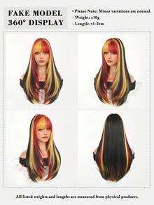 7JHH WIGS 女用黑紅金配色 26 吋長直分層假髮，附瀏海，耐熱纖維，萬聖節彩色造型假髮，適合節慶穿著、派對 Cosplay 使用 - 彩色 - 查看 6