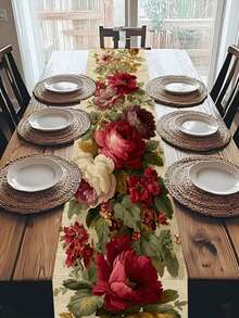 1pc Peony Floral Table Runner | Peony And Leaf Pattern | Multi-Color Suitable For Valentine's Day, Wedding, Birthday, Anniversary, Graduation | Home, Restaurant, Cafe, Kitchen, Dining Table, Coffee Table, Buffet (13x35.4/47.2/63/72/78.7 Inches) - Rose Red - View 2