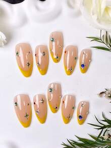 10 Kuku Almond Buatan Tangan, Gaya Prancis Warna Kuning Mustard dengan Pola Bintang dan Rhinestone Berwarna-warni. Cocok untuk Semua Bentuk Tangan, Bagus untuk Pemakaian Sehari-hari dan Kencan. Hadiah Mewah yang Istimewa untuk Wanita. - MultiWarna - View 6