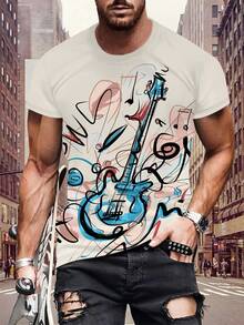 Fashionable Guitar Pattern Print Men's Comfortable T-Shirt, Men's Summer Pattern T-Shirt, Men's Clothing - Multicolor - View 1