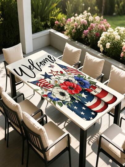 1pc Independence Day Red, Blue & White Star, Butterfly & Daisy Print Tablecloth, Waterproof & Stain-Resistant Rectangular Tablecloth, Patriotic Themed Lawn Picnic Barbecue Home Dining Table Decor, Holiday Decoration