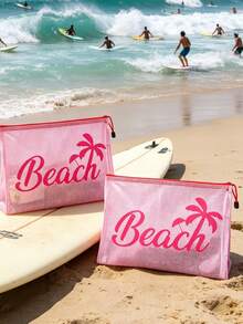 多色防水時尚網格布海灘包，印有彩色「Beach」字樣的化妝包，海灘主題。大容量透明化妝包，附尼龍拉鍊的盥洗包 - 輕巧，可存放防曬霜、零食、比基尼和海灘必需品。春夏季收納 - 彩色 - 查看 11